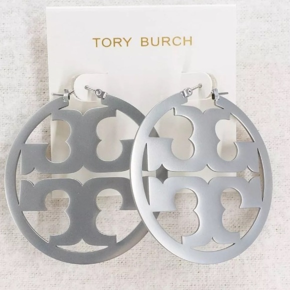 Tory Burch Large Silver Miller Logo Hoop Earrings - Picture 3 of 9